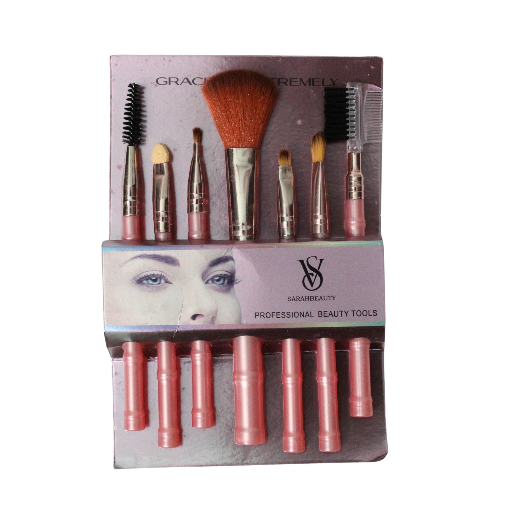 Sarah Beauty 7-Piece Professional Makeup Brush Set – Pink Bamboo-Style Precision Tools