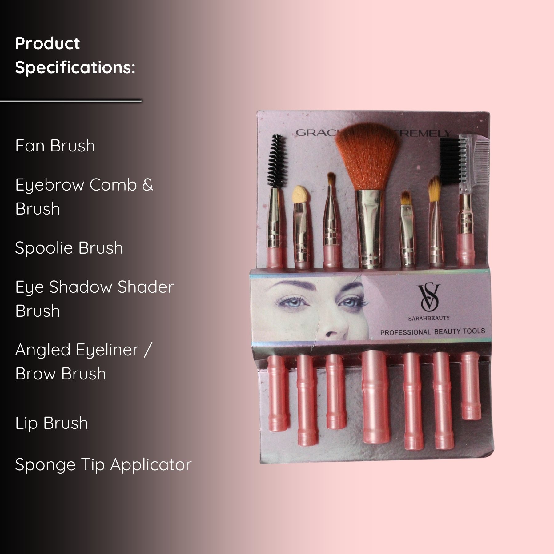 Sarah Beauty 7-piece professional makeup brush set with pink bamboo handles and orange bristles