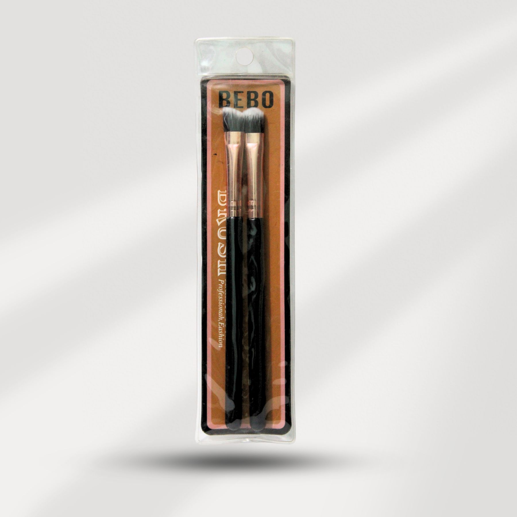 BEBO professional 2-piece makeup brush set with black handles and rose gold ferrules in clear packaging